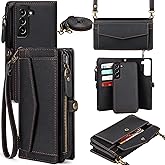 DKDKSIP for Samsung Galaxy S25 Case Wallet for Women Men, Wireless Charging with RFID Blocking Card Holder, PU Leather Crossbody Strap Detachable Magnetic Phone Shell Purse 5G 6.2", Black