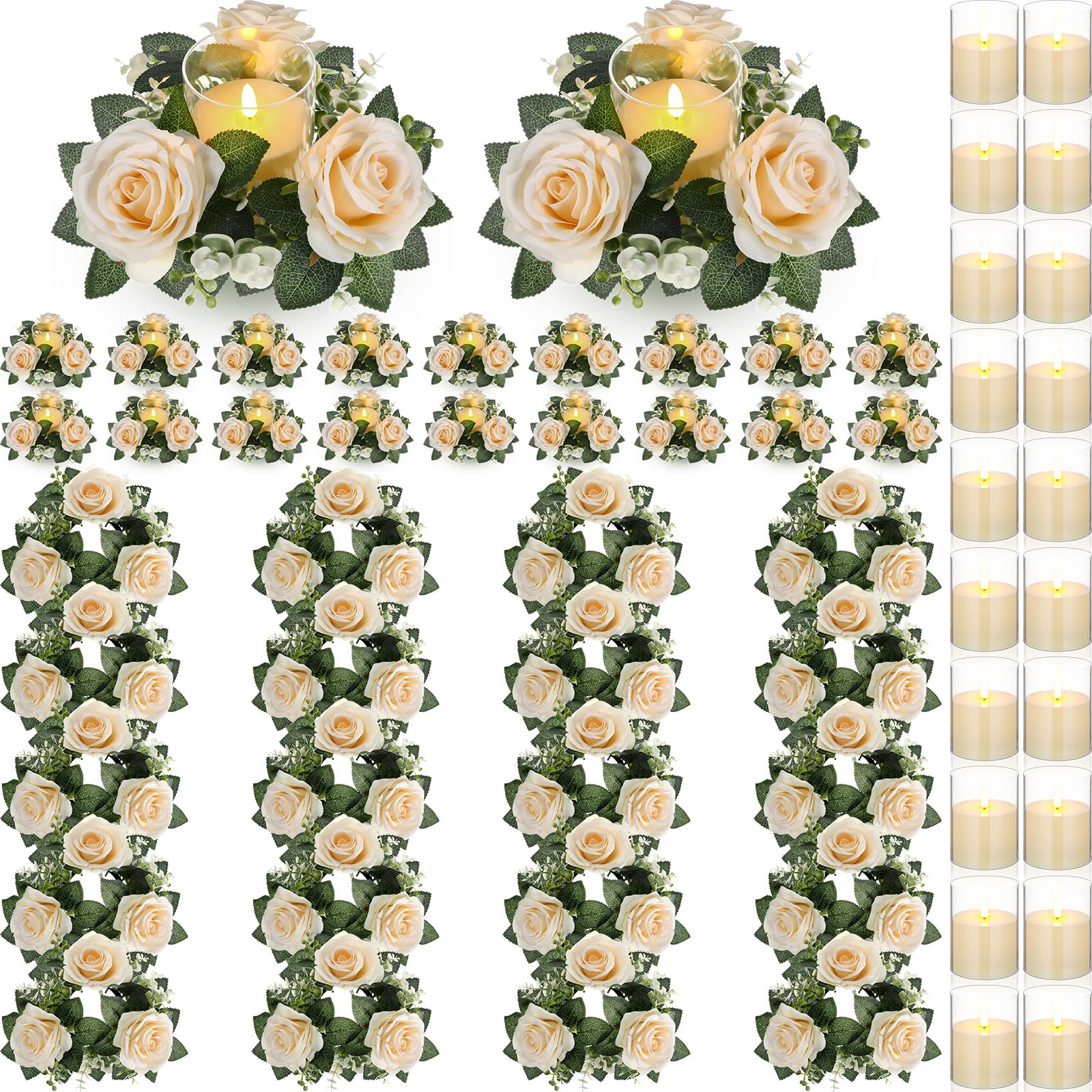 Photo 1 of Yunlly Artificial Rose Candle Rings Wreaths 3 Inch Wedding Centerpiece LED Flameless Candles Eucalyptus Rings for Centerpiece for Tables Party Valentine Mother's Day Decoration(Champagne,20 Pcs)