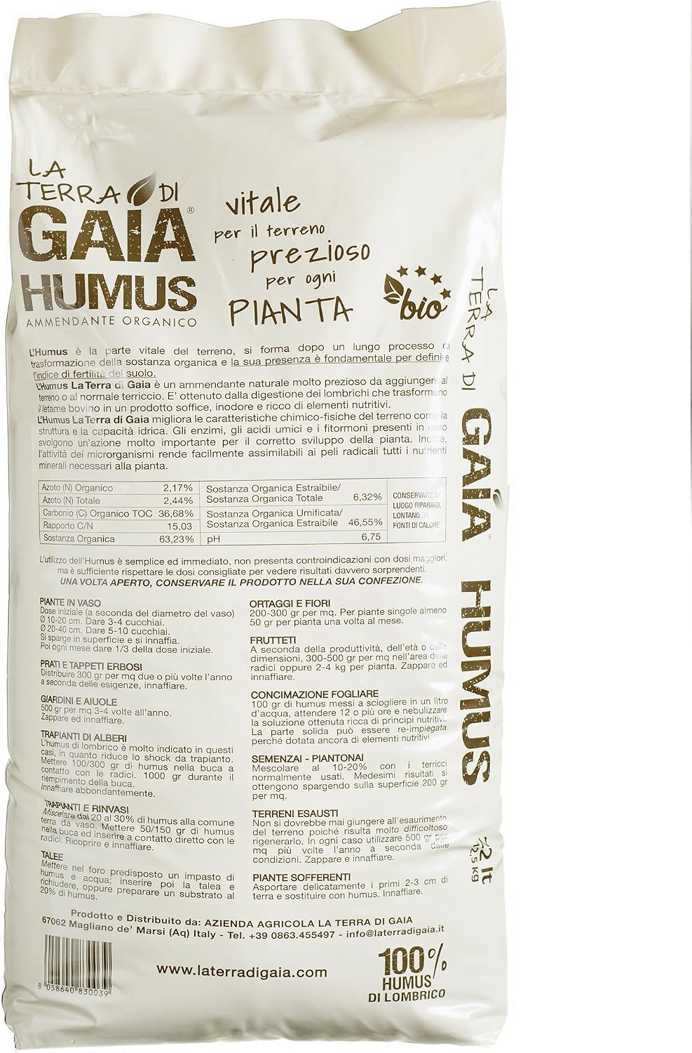 La Terra de Gaia 100% Humus de Lombriz Il Raffinato - Saco de 22 l ...