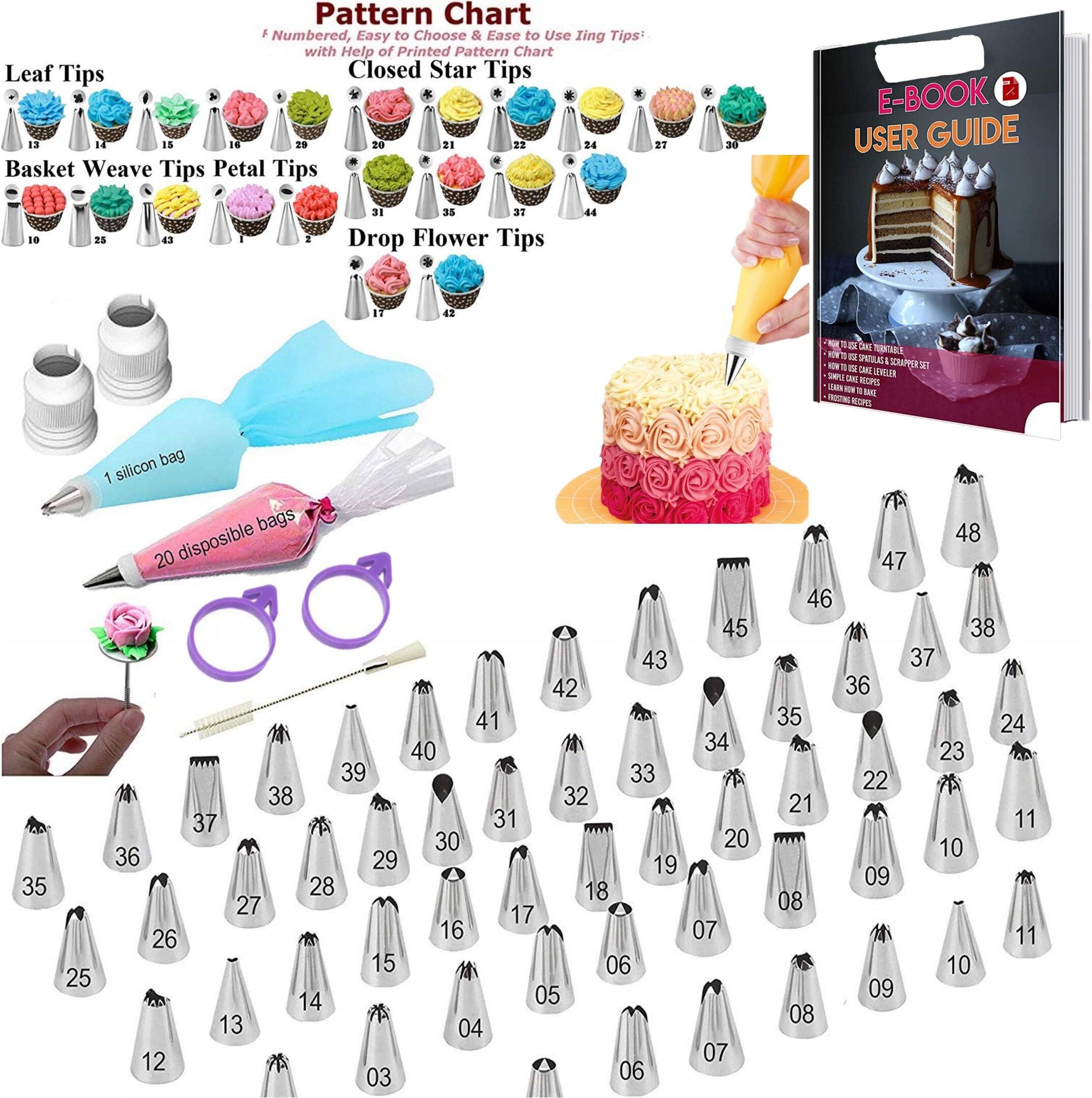 xnmaysun 65-in-1 Cake Decorating Tips with 48 Number Icing Nozzles, 1 Silicone Pastry Bags, 2 Icing Pastry Bag Ties, 2 Reusable Plastic Couplers,10 Disposable Icing Bag