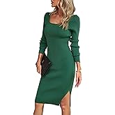 VintageClothing Women's 2026 Fall Long Sleeve Sweater Dress Square Neck Side Slit Bodycon Ribbed Knit Slim Fit Midi Dress