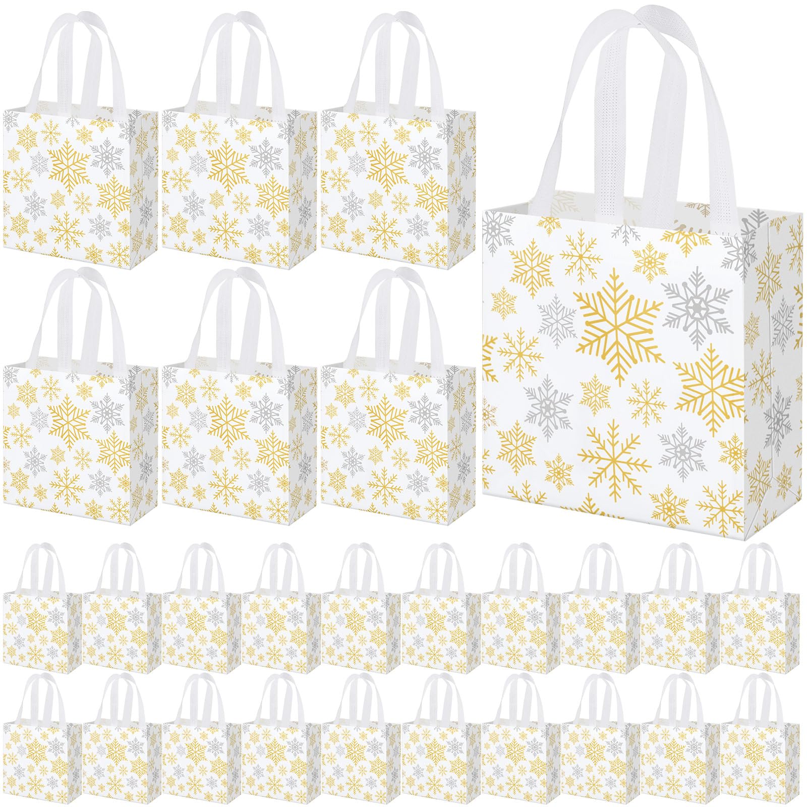 Photo 1 of ***POSSIBLE MISSING PIECES***Lingvee 50 Pcs Winter Snowflake Gift Bag Bulk Gold Sliver Reusable Tote Bags with Handle Xmas Non Woven Candy Bags for Winter Birthday Wonderland Christmas Party Decorations Supplies(Gold Snowflake)***POSSIBLE MISSING PIECES**