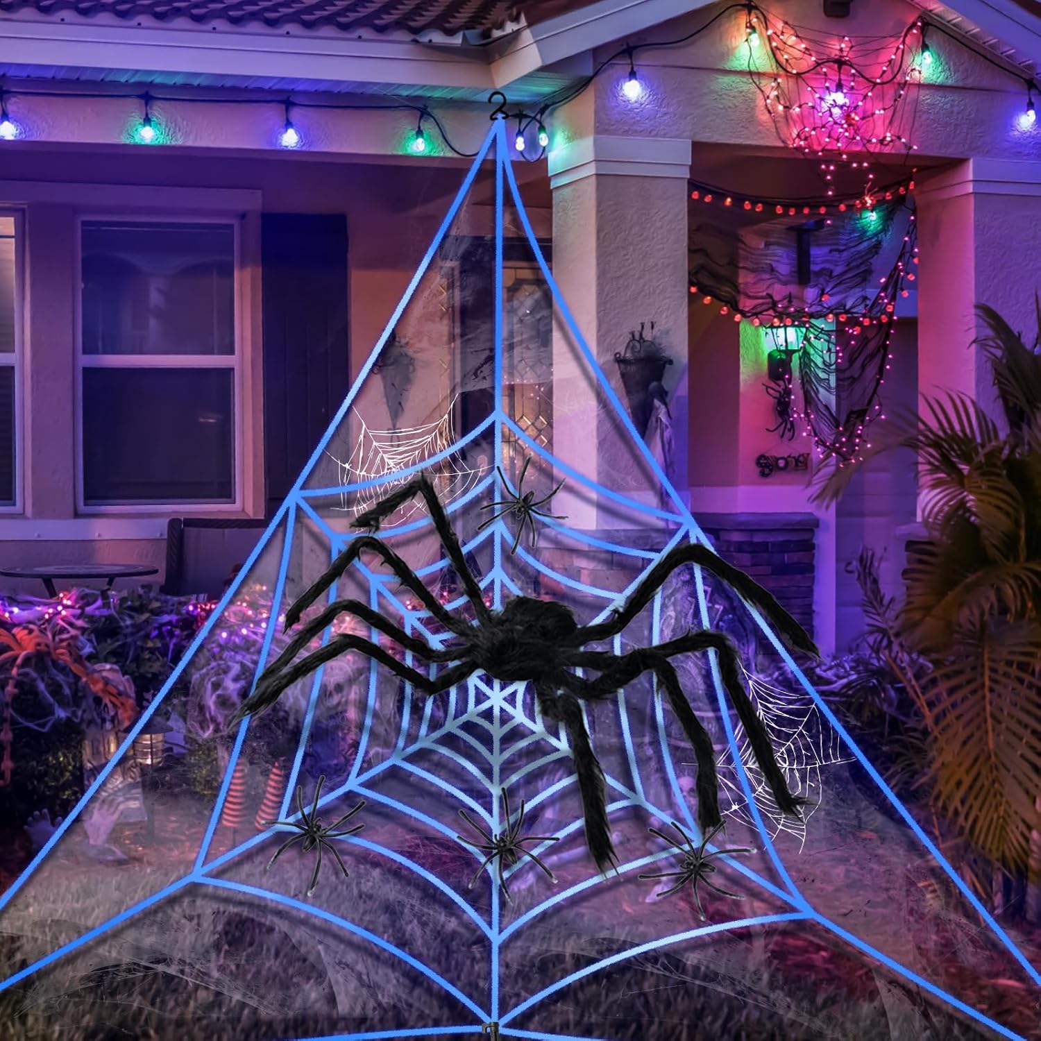 Decorative Garden Stakes - Spider Webs Halloween Decorations Indoor Outdoor - Spider Web Decoration with 6 Stakes, Stretch Spiderweb and 35“ Black Large Spider for Halloween Yard Garden Lawn Party Supplies