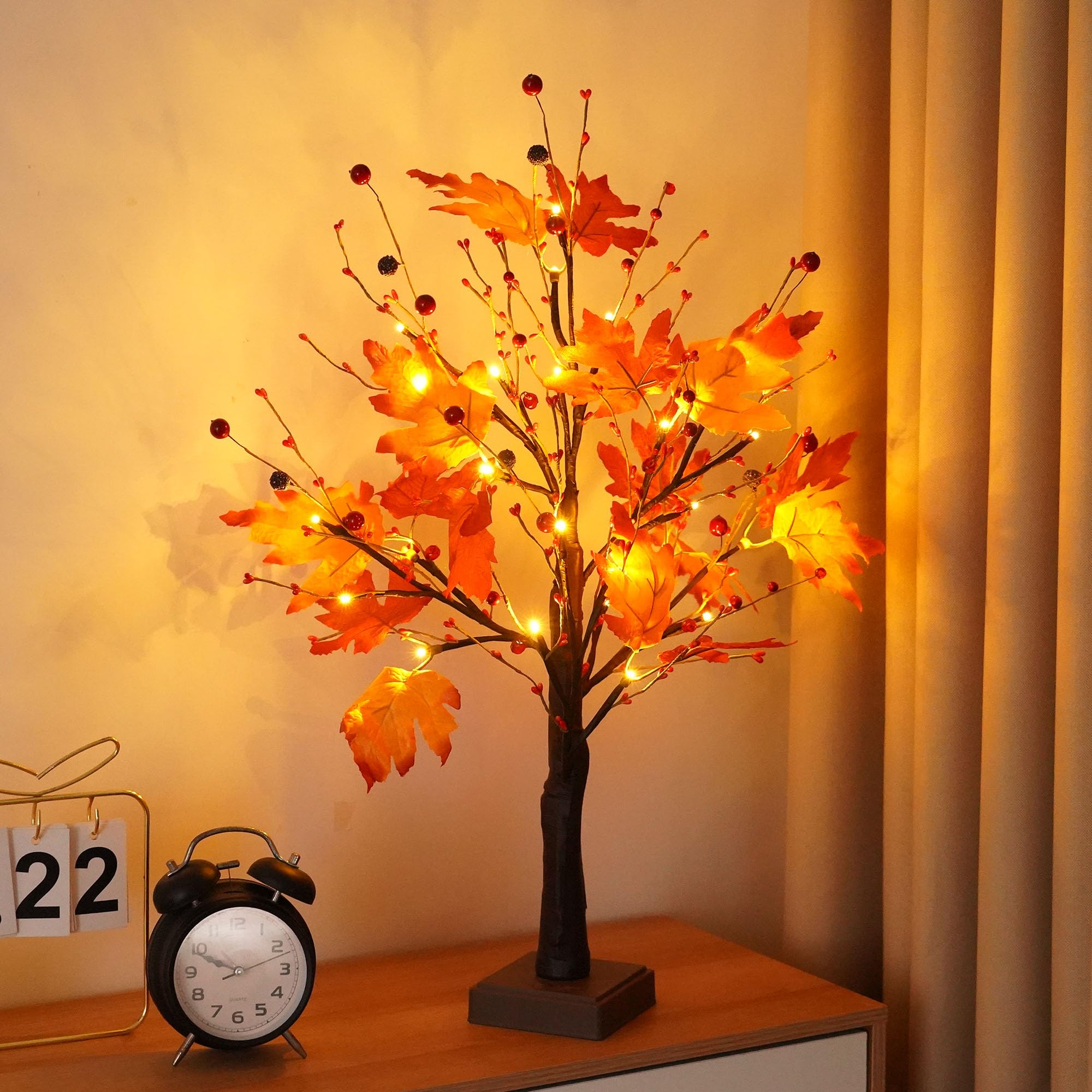 Photo 1 of 2 FT Artificial Tree with Lights for Fall Decor, 24 LED Autumn Maple Tree for Thanksgiving, Lighted Harvest Home Indoor Outdoor Decorations, Tabletop Lamp Centerpiece with Timer