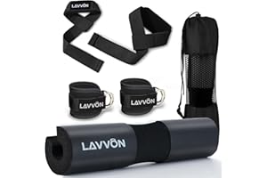 LAVVON Squat Pad Set - Foam Barbell Pad for Squats Cushion, Lunges & Bar Padding for Hip Thrusts - Standard Olympic Weight Bar Pad - With Ankle Straps, Wrist Straps for Weightlifting
