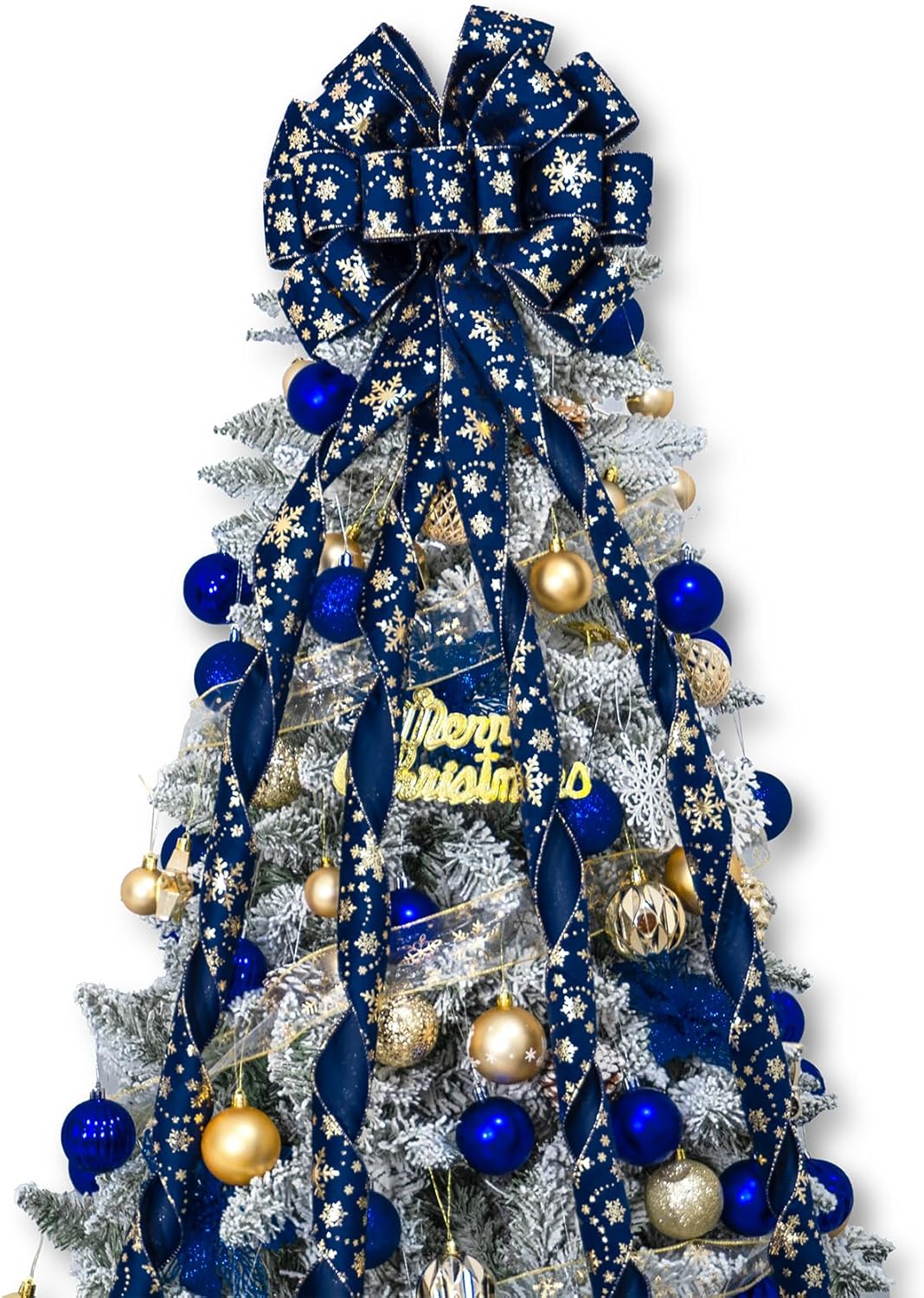 Tree Toppers - Christmas Tree Topper Bow, 53x13 Inches Large Christmas Velvet Topper Bow with Gold Snowflakes, Decorative Ribbon Bows for Xmas Tree Wreath Door Festival Home Decor(Blue & Gold Snowflake)