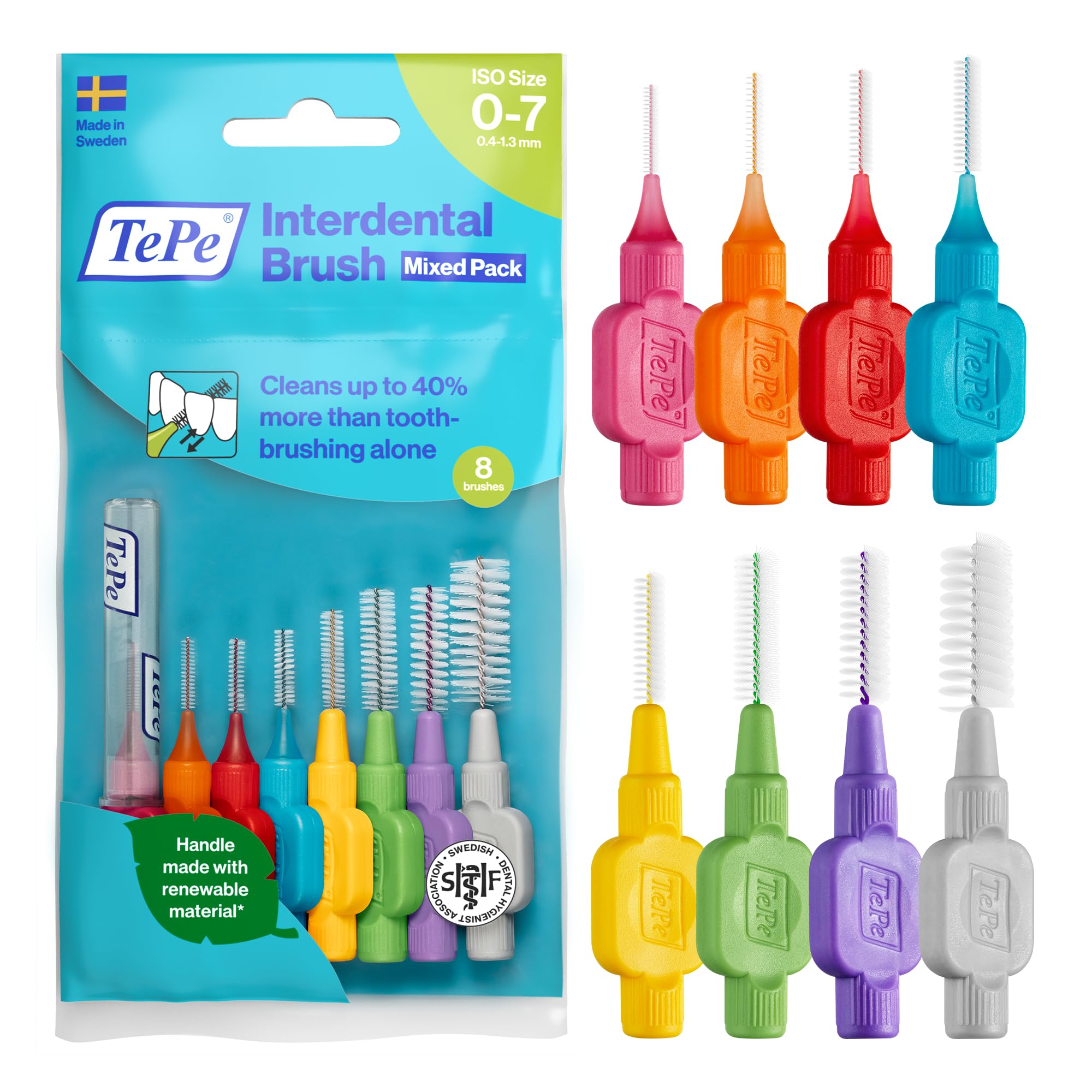 TePe Interdental Brush, Original, Mixed Pack, 0.4-1.3mm/ISO 0-7, 8pcs, Plaque Removal, flossers for Narrow to Wide Gaps โ image 1