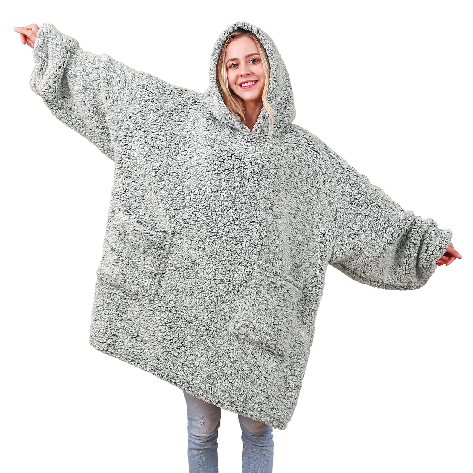 yescool Wearable Blanket Hoodie - birthday gifts for Adults/Women/mom, Flannel Cozy Sherpa Fleece Blanket Sweatshirt with Hood, Pocket & Sleeves, Large, One Size Fits All (Grey) Image