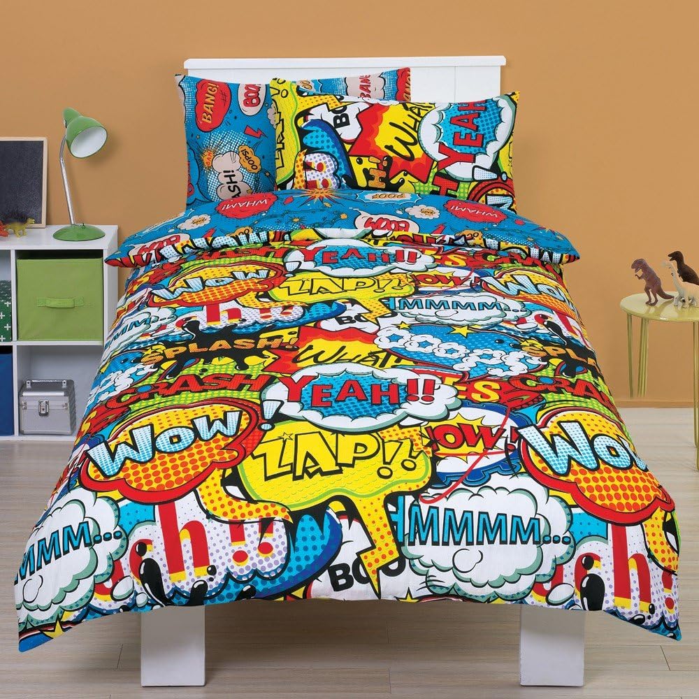 Todd Linens Kids 2 in 1 Reversible Quilt Duvet Cover and Pillowcase Bedding Bed Set Polycotton New colourful Designs (Comic Bang Blue, Double)