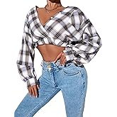 SweatyRocks Women's Plaid Crop V Neck Blouses Wrap Lantern Long Sleeve Shirts Fall Trendy Tops