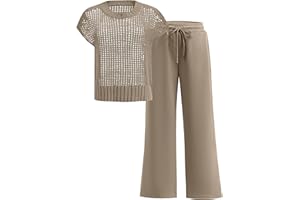 OUKODS Women Two Piece Outfits Crochet Sheer Knit Sweater Top Wide Leg Pants Lounge Matching Sets Sweatsuit Travel Clothes