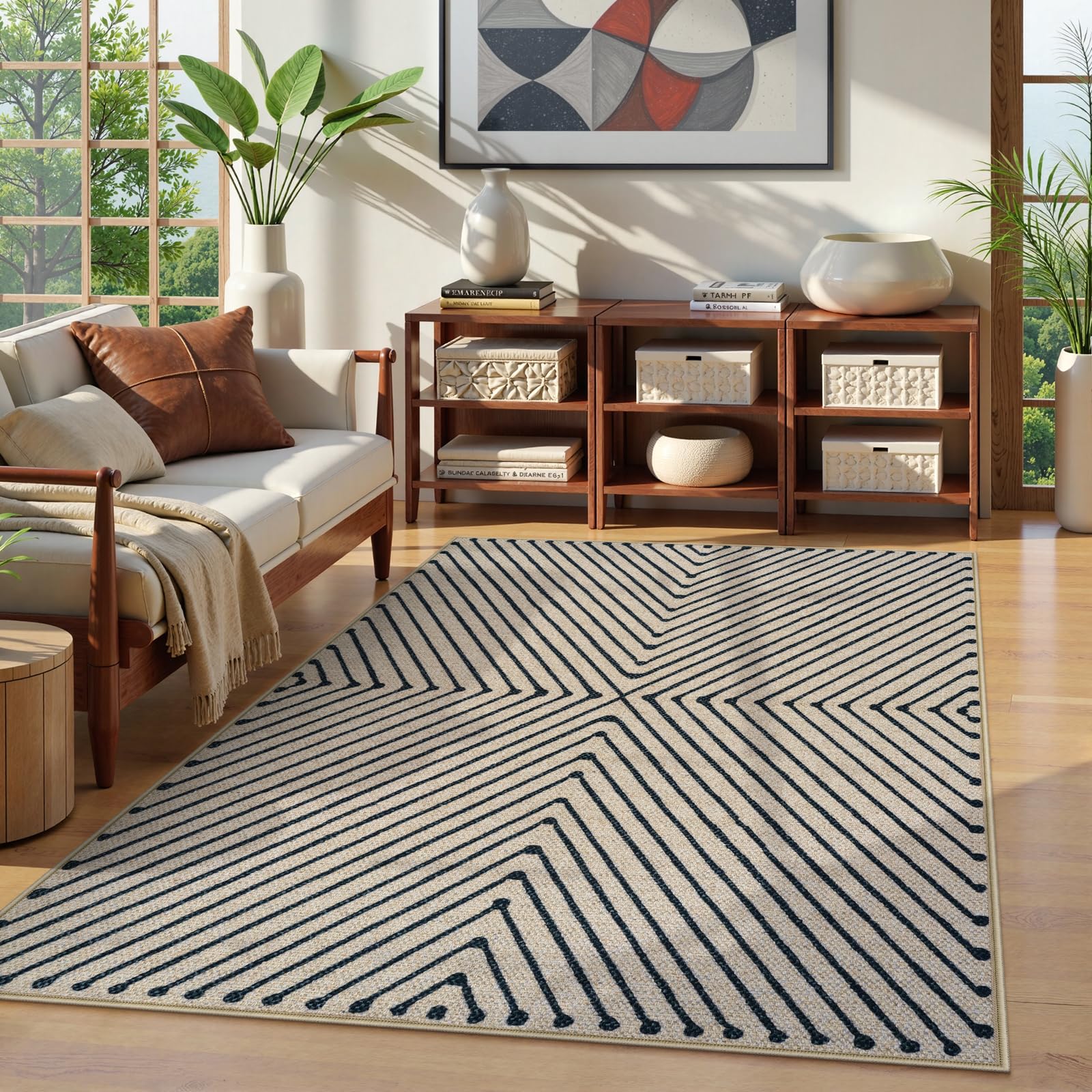 Photo 1 of Collive 5x7 Easy Jute Outdoor Patio Rug, Black/Neutral Large Washable Area Rugs for Living Room Non Slip, Modern Geometric Farmhouse Dining Room Carpets for Bedroom Dorm Outside Porch