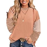 Fayenne Long Sleeve Shirts for Women Fall Fashion Crewneck Color Block Knitted Cute Tops Work Fall Clothes Trendy