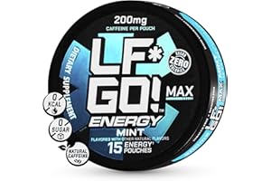 LF*GO! Energy Pouches | Caffeine Pouches | 6 Essential Vitamins and Minerals | Mint | 200 mg Natural Caffeine | 0 Calories | 0 Sugar | 15 Pouches Per Can | 1 Can