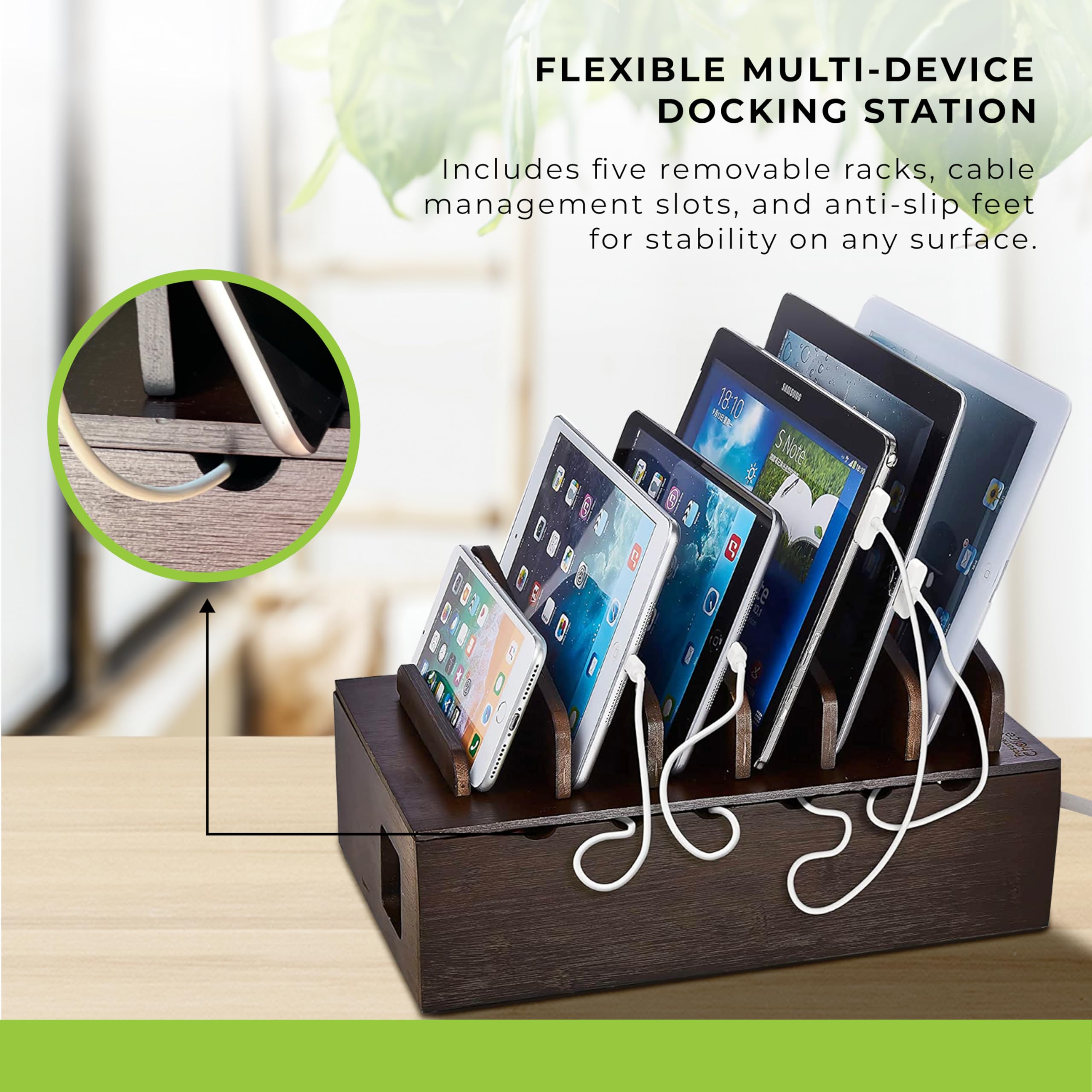 Prosumer's Choice Multi Device Charging Station - Desktop Charging Dock and Organizer for Multiple Devices - Wooden Charger Station for Home Office - Fits 6 Phones, Tablets, Electronics - Dark Brown