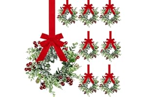 DINGION 6 Pieces 9" Mini Christmas Wreaths for Kitchen Cabinet Small Christmas Candle Rings Eucalyptus Wreath Pillar Candle Rings Table Centerpieces Hanging Garlands for Front Door Window Decor (Red Berry)