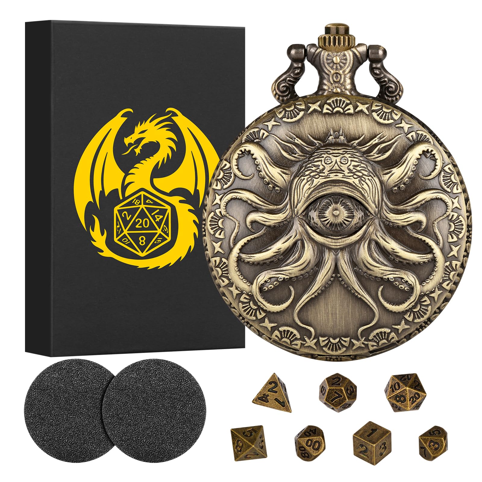 7 Pcs Octopus Eye Pocket Watch Shell Mini DND Dice Set Polyhedral Metal D&D Dice Set DND Gifts with Gift Box, Board Game Accessories and Role Play, Bronze