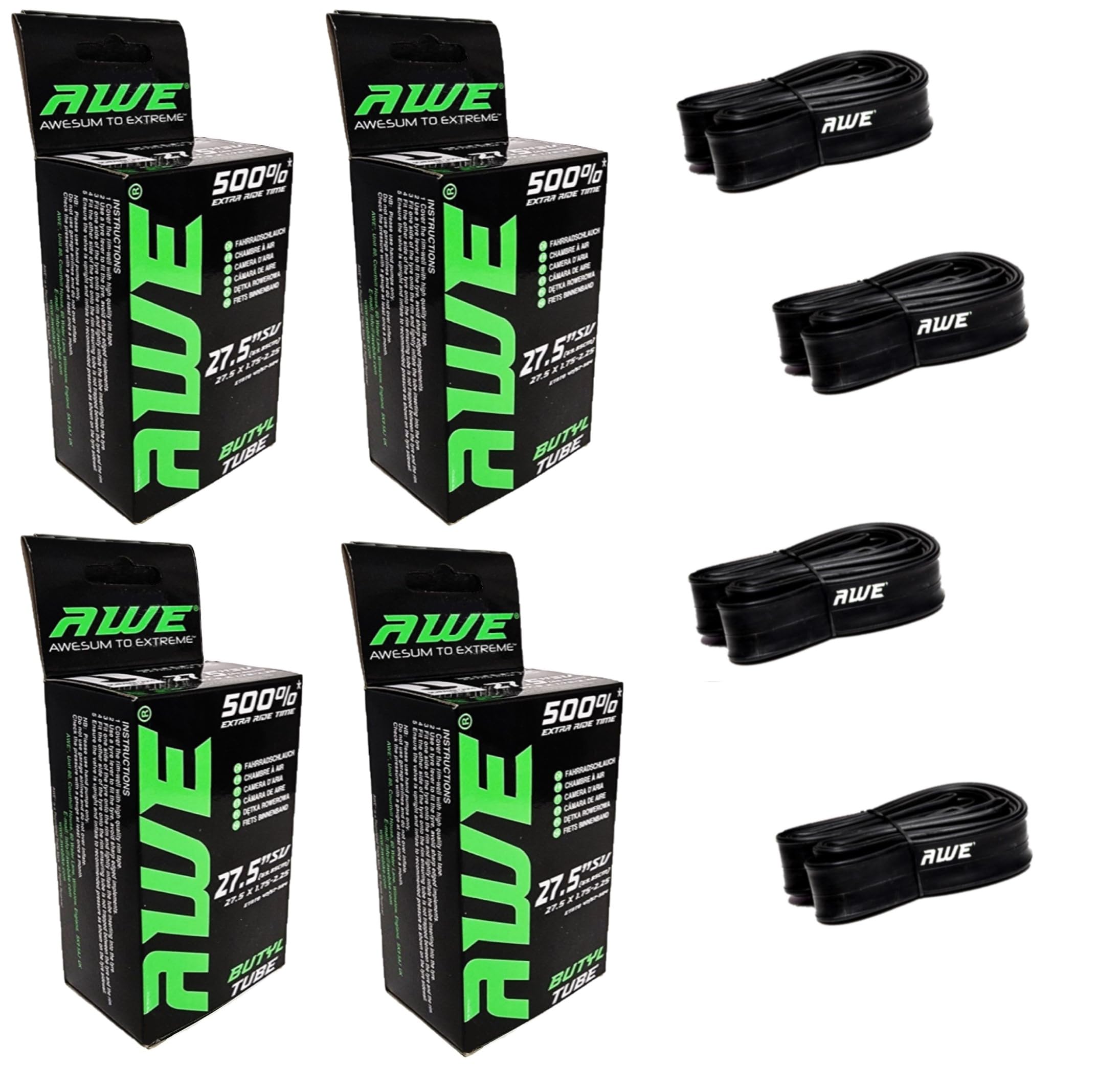 4 X AWE Butyl Rubber 27.5 Inch Inner Tubes 500%* Extra Ride Time 27.5 x 1.75-2.25 Schrader Valve