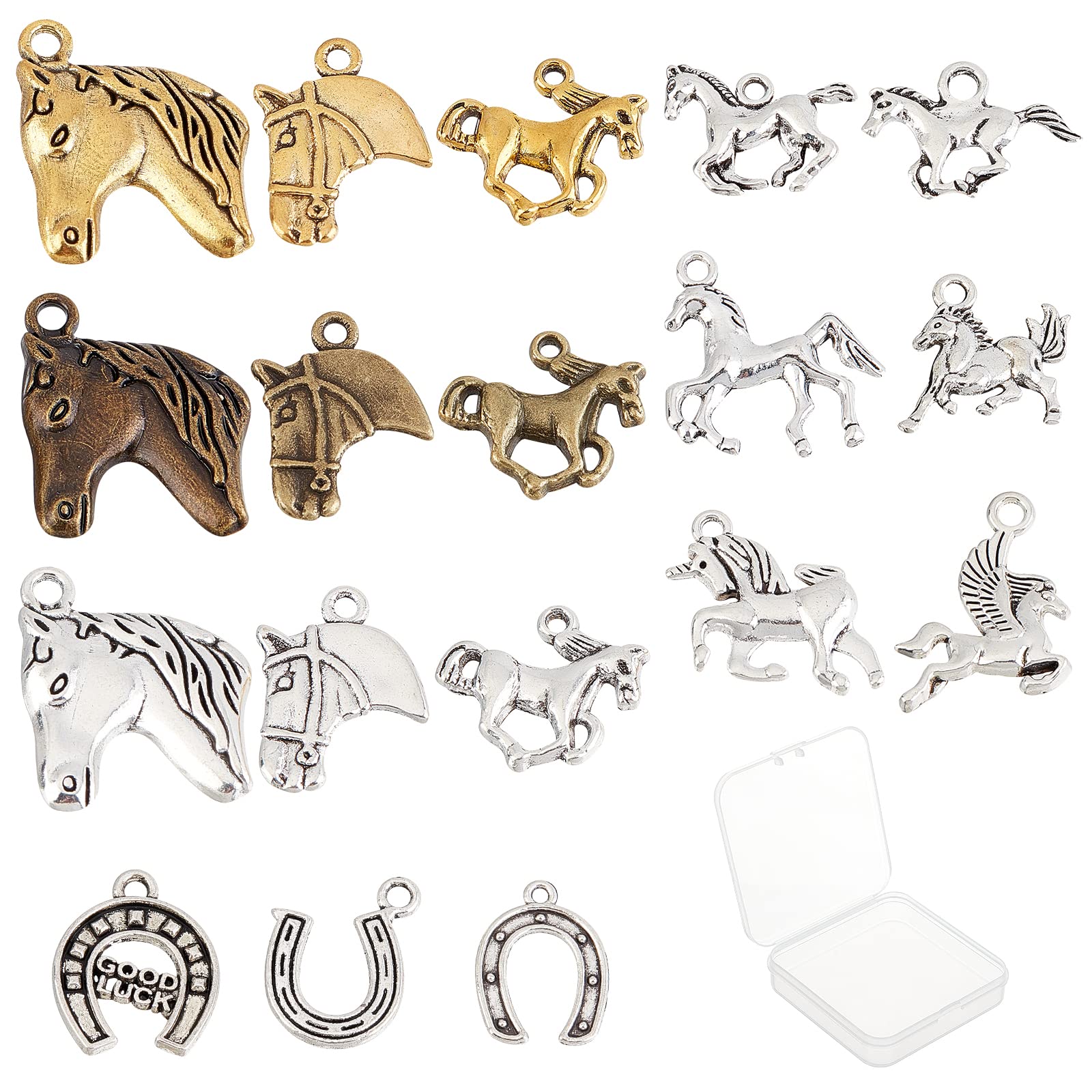 SUNNYCLUE 1 Box 72Pcs 18 Styles Horse Charms Bulk Tibetan Alloy Horse Horseshoes Charm Vintage Animal pendants Horse Head Charms for Jewellery Making Earring Findings Keychain DIY Supplies Adult Women