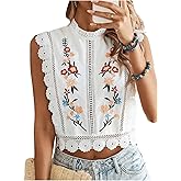 Floerns Women's Floral Embroidery Lace Trim Blouse Mock Neck Sleeveless Holiday Crop Tops