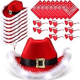 Coume 24 Pack Light up Christmas Santa Cowgirl Hats with Paisley Bandana and Heart Glasses Set, Fluffy Feather Boa Red Santa Cowgirl Cowboy Hats for Christmas Costume Party