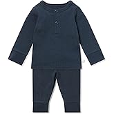 MORI Baby Unisex Pajama Set in Ribbed Navy - Viscose from Bamboo - Front Popper Top and Elastic Waist Bottoms - Two Piece Sleepwear - 6-9 Months