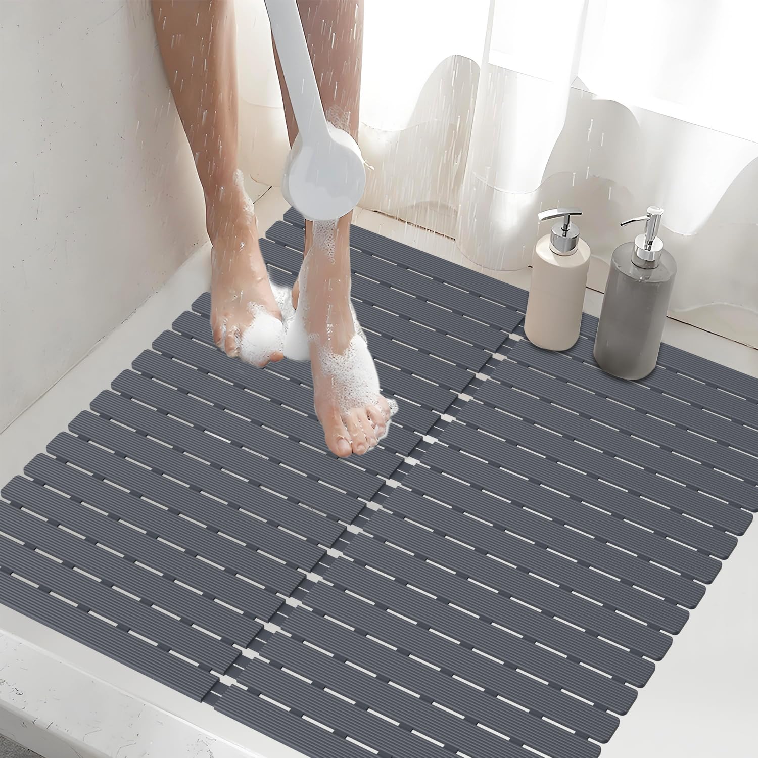 Photo 1 of ?Shower Mat Non-Slip Bath Mat for Tub and Shower Stall,200+ Suction Cups with Drain Holes, Quick Dry Machine Washable, Extra Grip for Elderly and Baby, Bathroom Essentials 24x24 Inch (Light Grey)