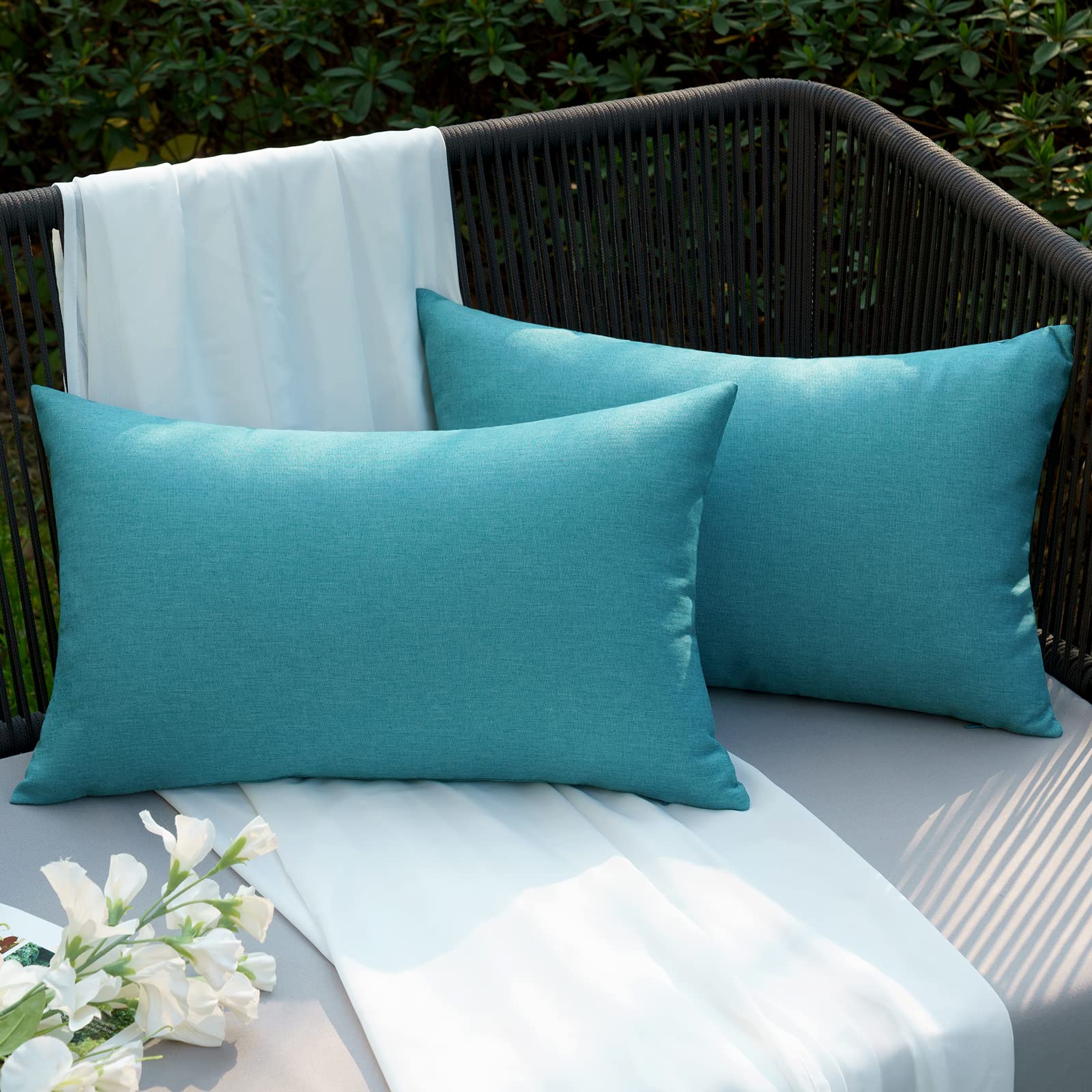Photo 1 of EMEMA Outdoor Waterproof Peacock Blue Pillow Covers 12x20 Inch Rustic Decorative Throw Pillow Covers Cushion Case Rectangle for Patio Sofa Couch Home Bed Farmhouse Car Decor Set of 2