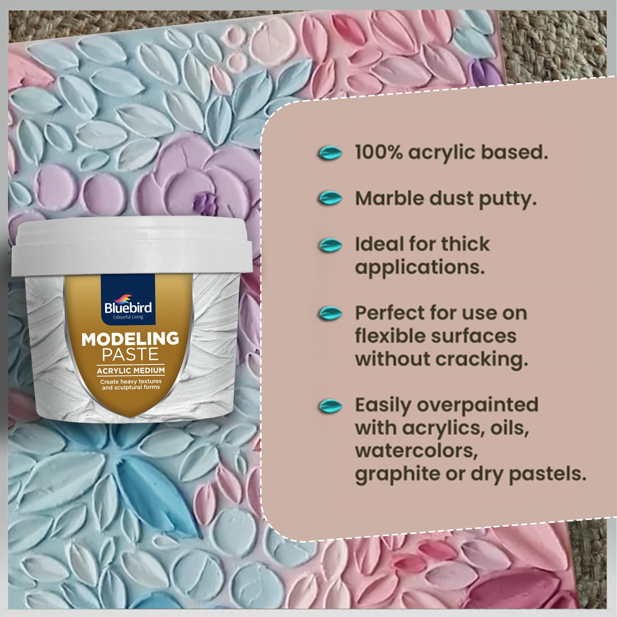 Bluebird Professional Thick Modeling Paste 5.3 Oz / 150GM - High Density, Acrylic Medium - for Texture and Thickness, Dimension Additive (White, 5,3 Oz / 150GM)