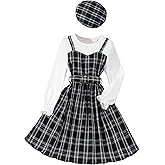 Hilinker Girls Plaid Ruffle Long Sleeve Dress Ribbed Belted Pleated Dresses with Hat
