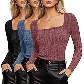Yearntown 3 Pack Women's Long Sleeve Sweaters Ribbed Square Neck Slim Fit Tops Casual Stretch Lightweight Pullover Sweaters
