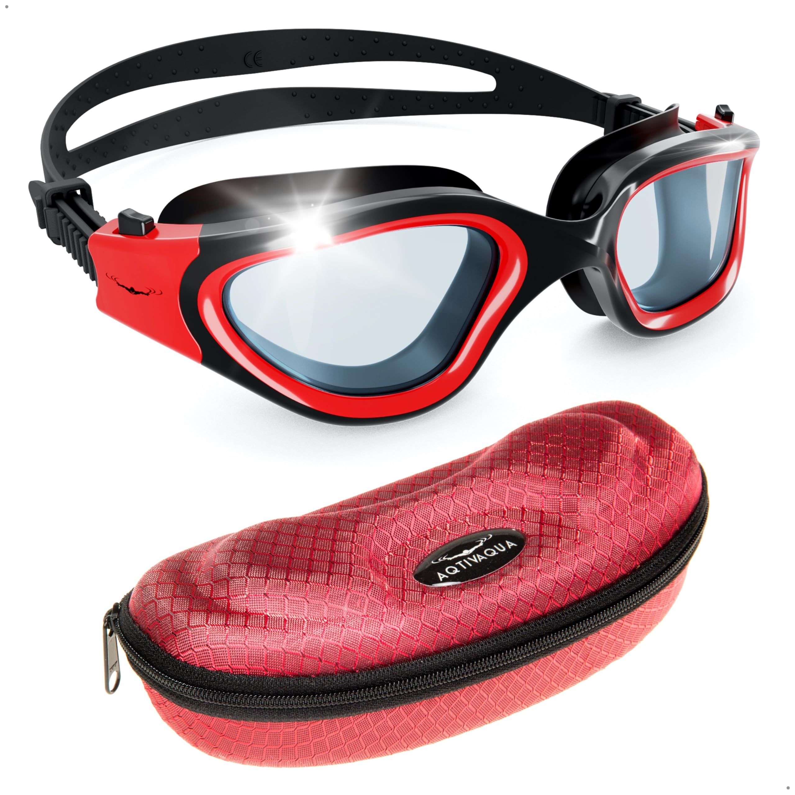AqtivAqua Swimming Goggles Adult and Kids Goggles Kids 6-14 Men Women Swim Children Boys Girls DX-C (Clear-Lenses Red/Black-Frame)