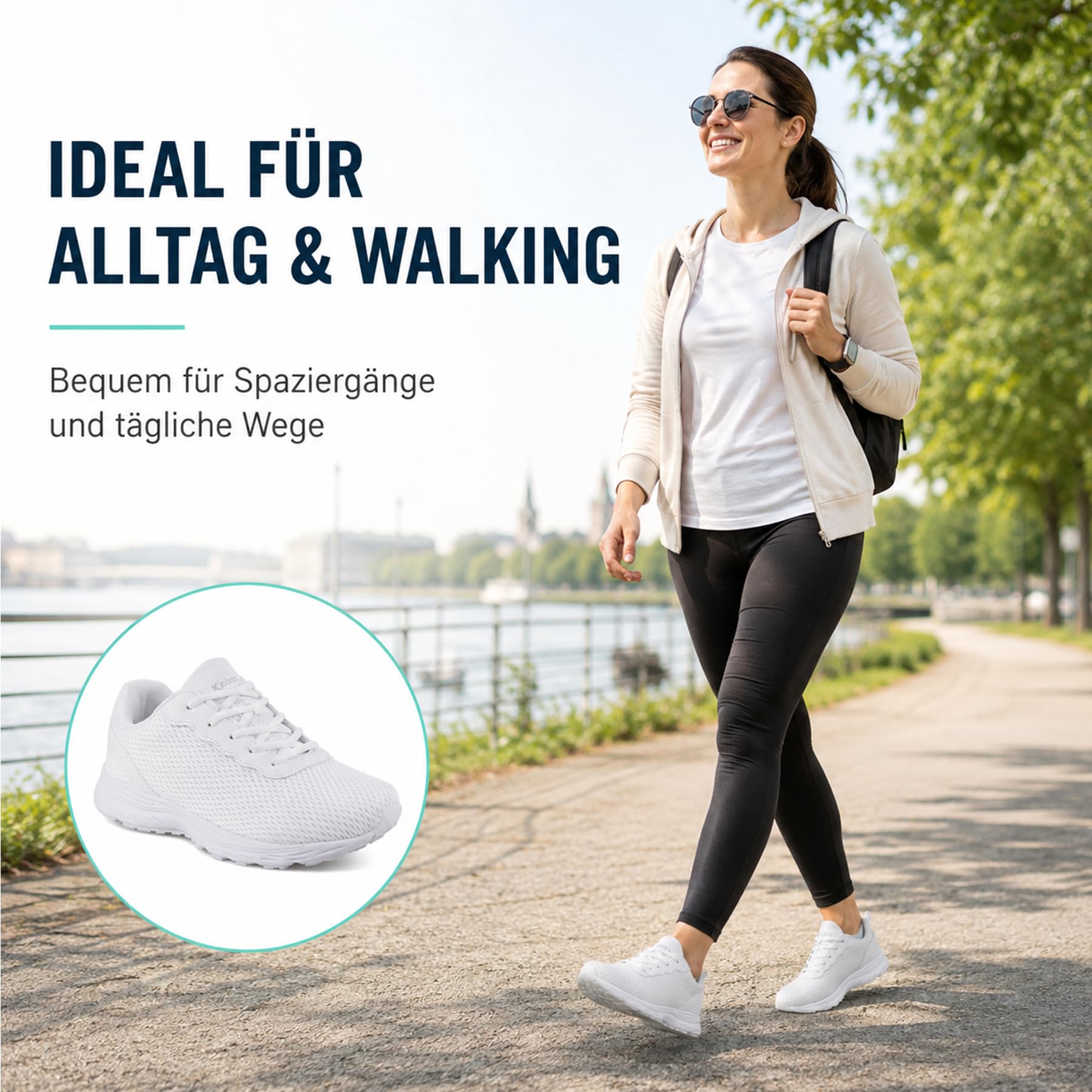 Knixmax Outdoor Walkingschuhe für Damen und Herren – atmungsaktive Sneaker für breitere Füße mit breiter Zehenbox leichte Komfortschuhe Weiß(Leichter Blaustich) EU42 8