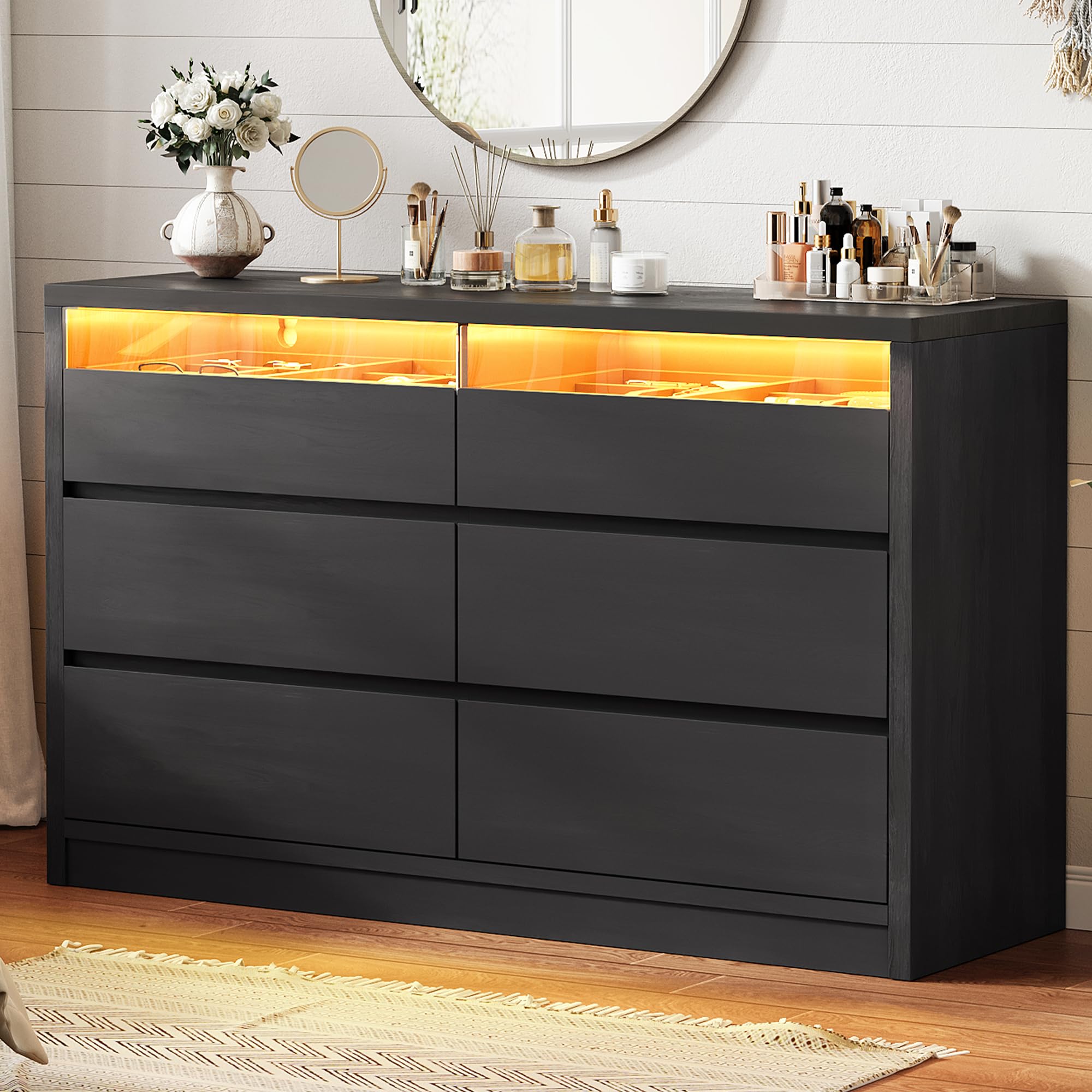 Photo 1 of **DENT. SCRATCH. MINOR DAMAGE TO CORNERS**Jocoevol Modern Black LED 6 Drawer Dresser for Bedroom, Large Chest of Drawers with Hidden Handles, Long Double Wooden Dresser Closet for Living Room, Entryway, Hallway - Black