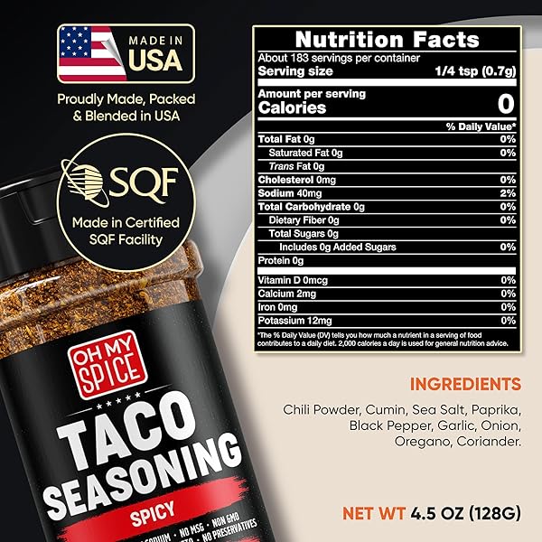 TACO SEASONING MIX SPICY CHILI POWDER – GLUTEN FREE & LOW SODIUM MEXICAN SEASONING BLEND FOR TACO TUESDAY NIGHT. FAJITA & BURRITO SPICY SEASONINGS. MEAT, CHICKEN & FISH TACOS HOT SPICES TOPPING. 4.5OZ