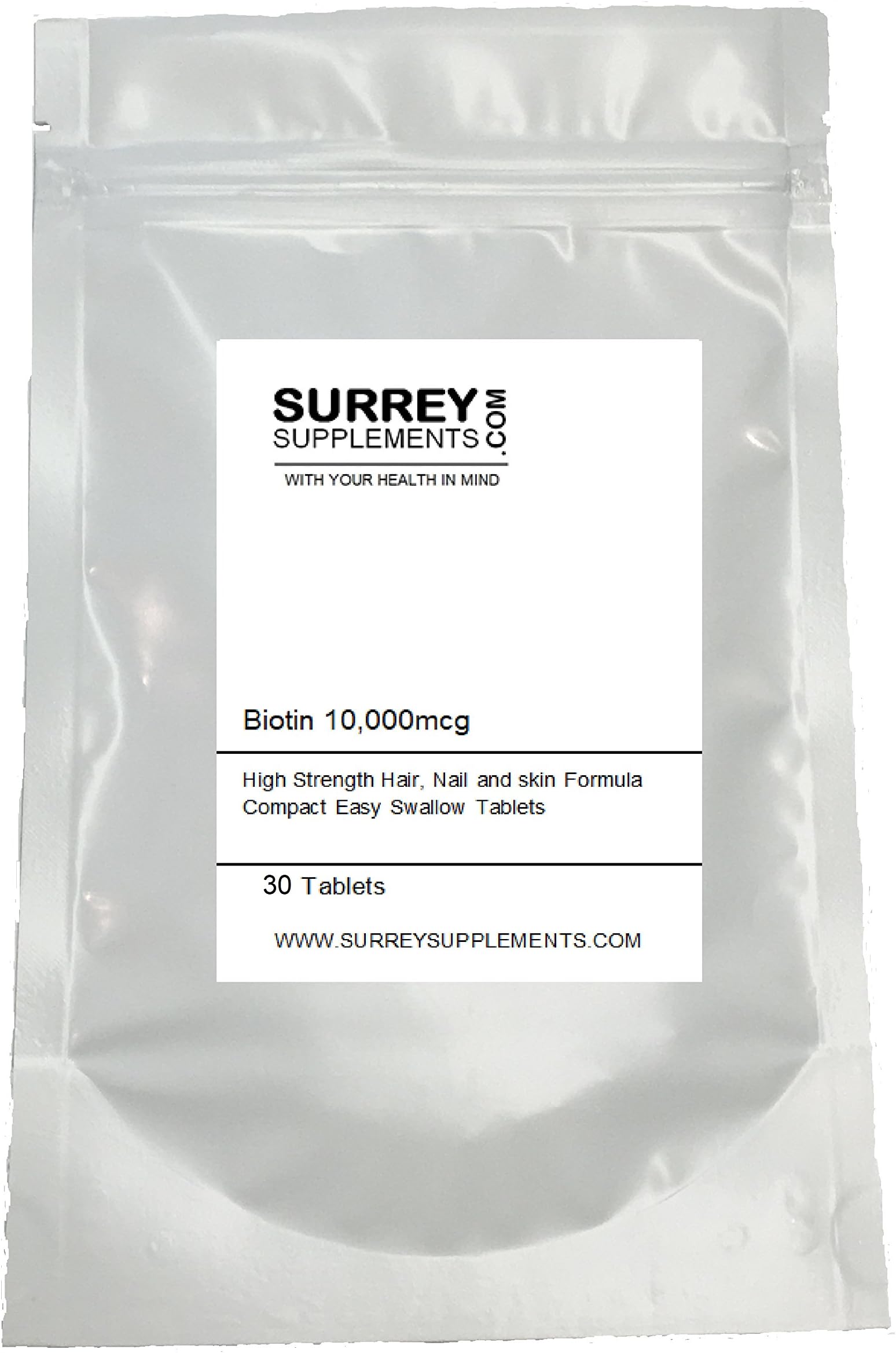 Biotin 10,000mcg High Strength Hair Growth Supplement with Nail and Skin Support by Surrey Supplements (30)