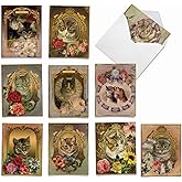 The Best Card Company - 10 Boxed Note Cards Blank (4 x 5.12 Inch) - Bulk Assorted Cards, Vintage Pictures - Feline Frames M6638OCB