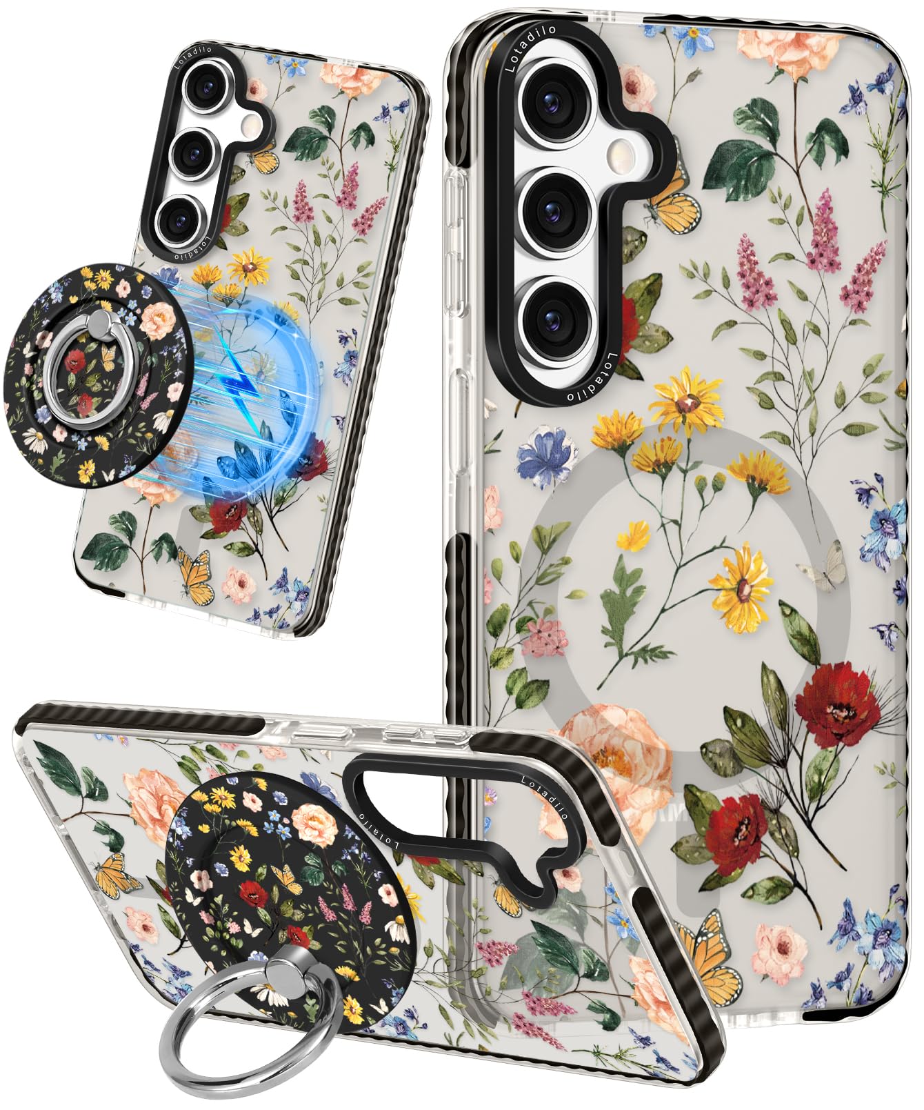 Photo 1 of Lotadilo for Samsung Galaxy S24 Plus Case for Women - Girls Cute Design Compatible with Magsafe Magnetic Ring Holder Stand Retro Flower Phone Covers Aesthetic Girly TPU Funda for S24 Plus