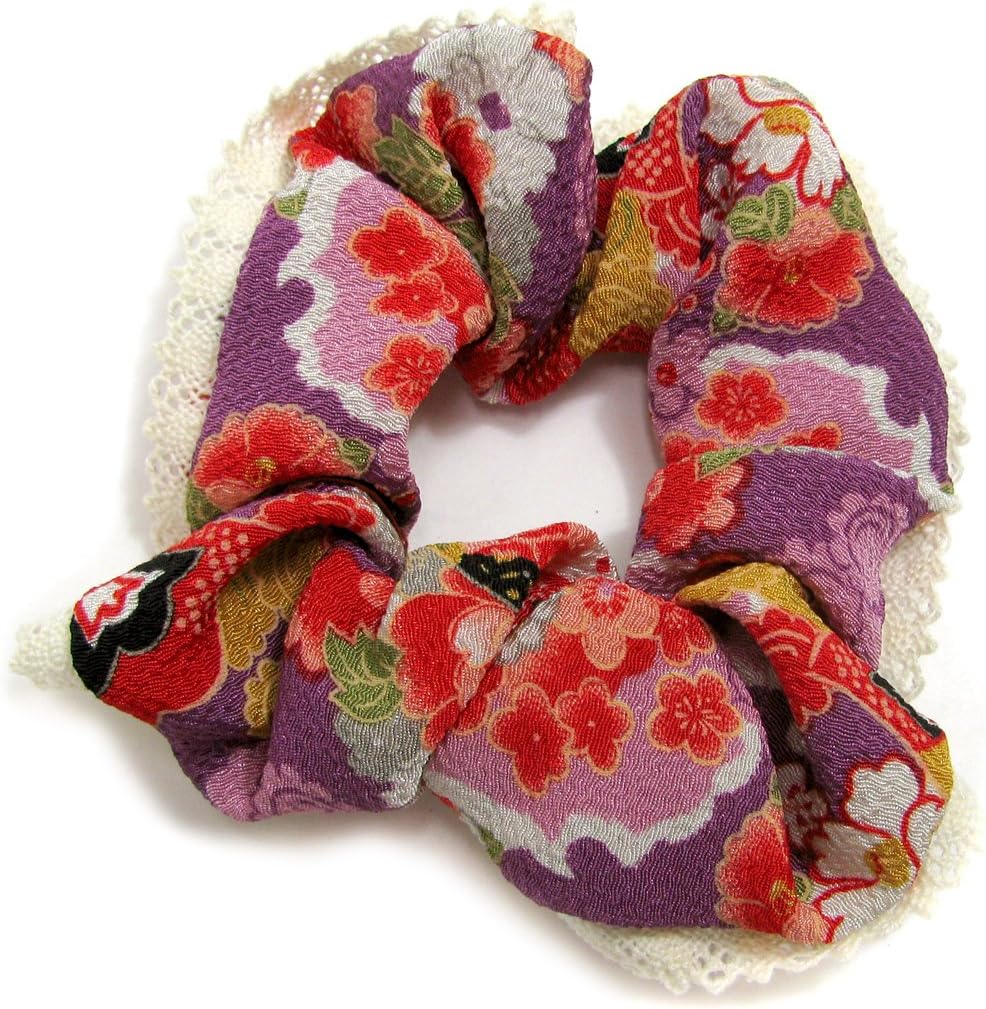 Kimono Japan Women's Scrunchie Lace Japanese Pattern Chirimen Purple