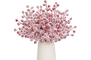 KUNJOCY 24Pcs Artificial Berry Picks Snow Sprays Christmas Frosted Holly Berry Stems Twigs Winter Branches for Christmas Tree Fillers Decor Holiday Arrangement Wreaths Garland Crafts DIY Ornaments (Red)