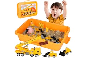 VEXTRONIC Construction Sensory Bin for Toddlers with Big Crane Toy & 2.2lbs Sensory Sand, Construction Trucks Sandbox with Lid, Play Sand Sensory Box w/ Castle Molds, Beach Toy Birthday Gift for Boys Girls 3+