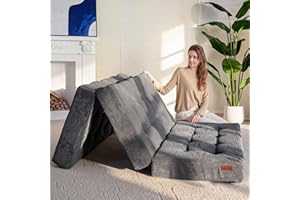 MAXYOYO Tri-Fold Mattress, 6 Inch Tufted Folding Futon Foam Bed, Foldable Floor Mattress Guest Bed Futon Topper Portable Camping Sleeping with Corded Fabric, Dark Grey, 35.4"x75"