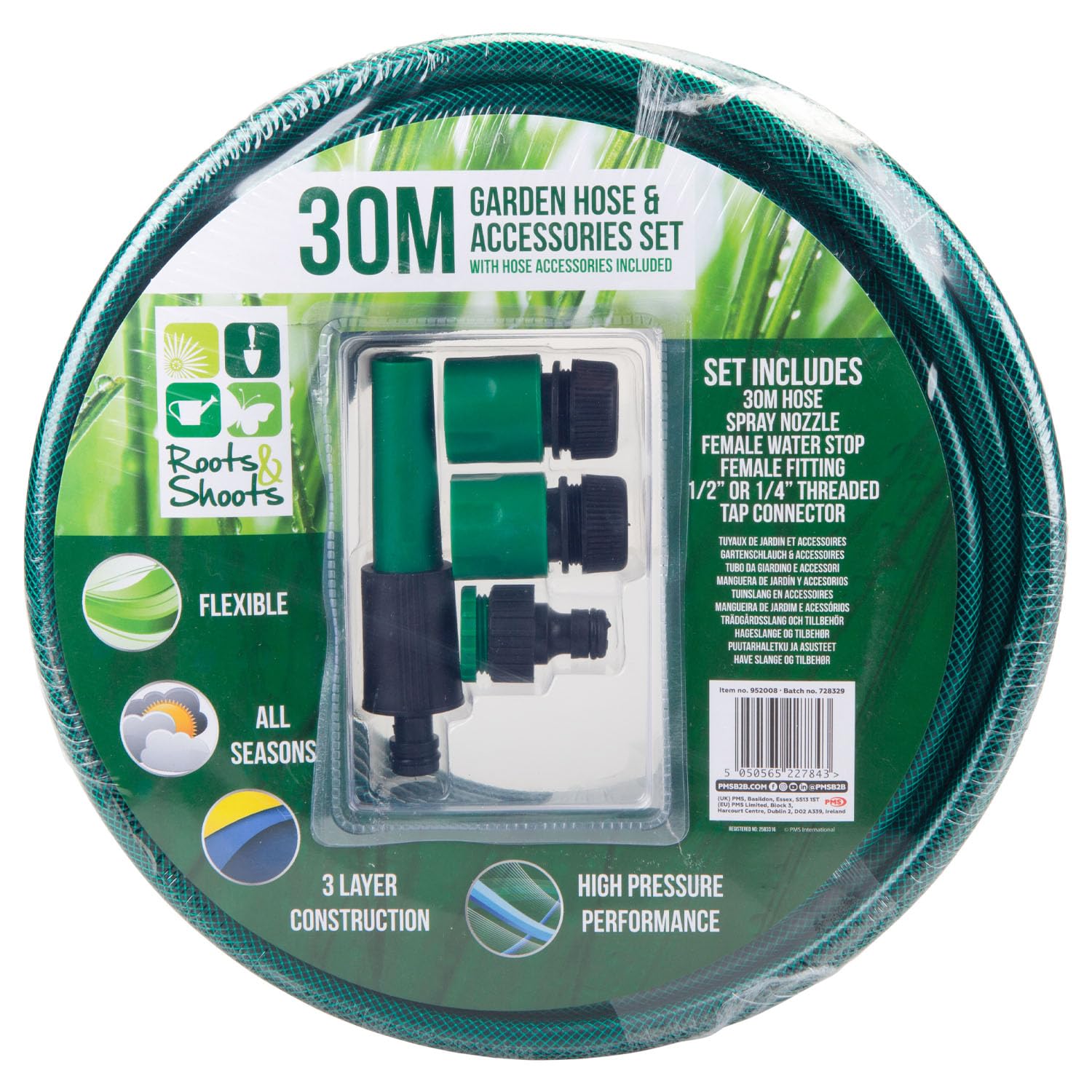 VFM - Garden Hose & Connector 4 Piece Set 30M Reinforced Pipe - Roots & Shoots