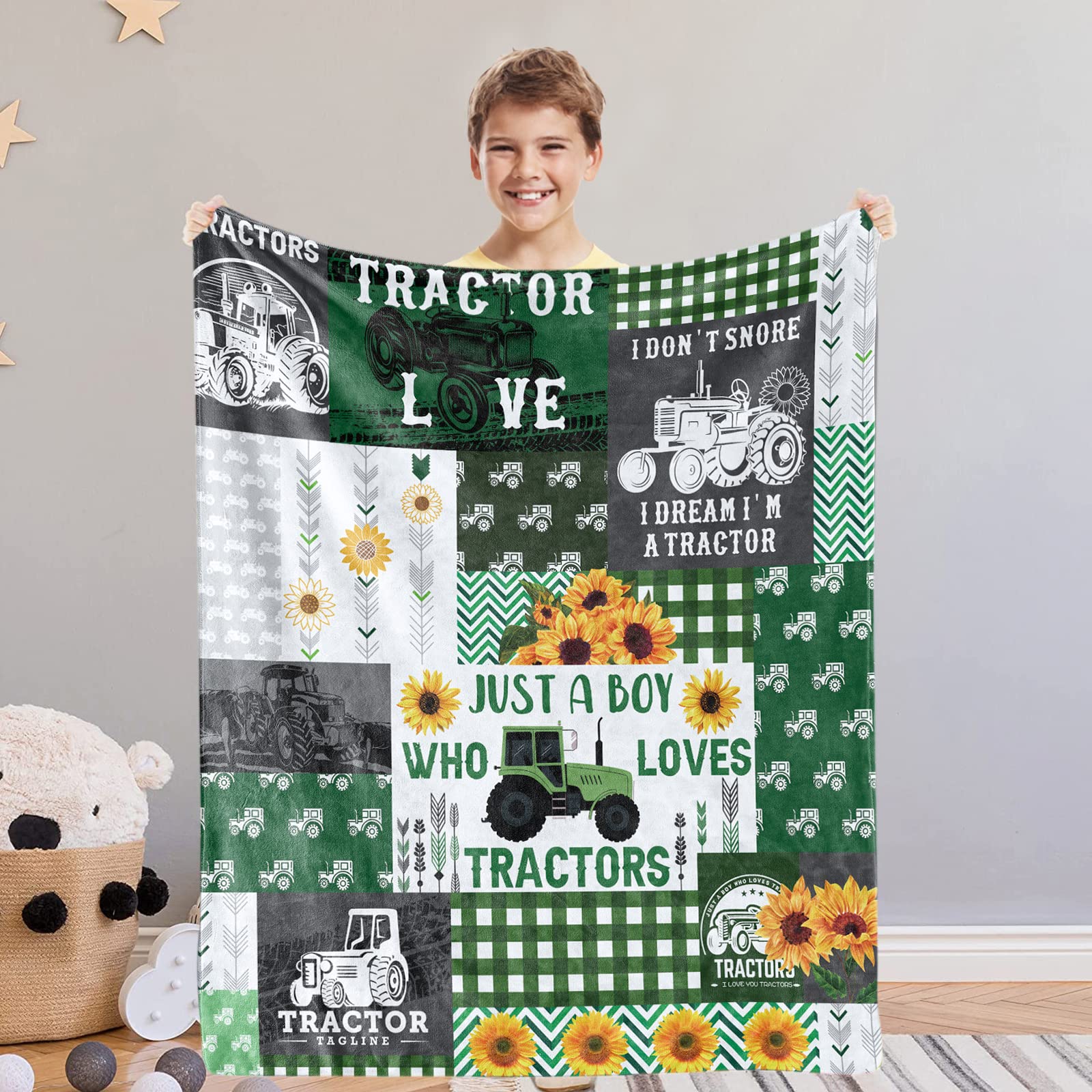 Domgoge Just a Boy Who Loves Tractors Blanket Baby Green Tractor Throw Blankets for Toddler Farm Truck Blanket Warm Lightweight Flannel Fleece Blanket for All Season Nursery, 76cm x 102cm