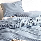 Wake In Cloud - Striped Cotton Duvet Cover Set, 100% Washed Cotton Textured Percale Bedding Set, Ticking Stripe Pinstripe Farmhouse, 3 Pieces, Denim Blue, California King Size