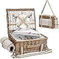 Picnic Basket for 2 with Blanket - Wicker Picnic Basket with Strap,Wine Bag | Willow Picnic Set for 2 Person with Insulated Cooler | Wicker Hamper with Cutlery Kit, Beige