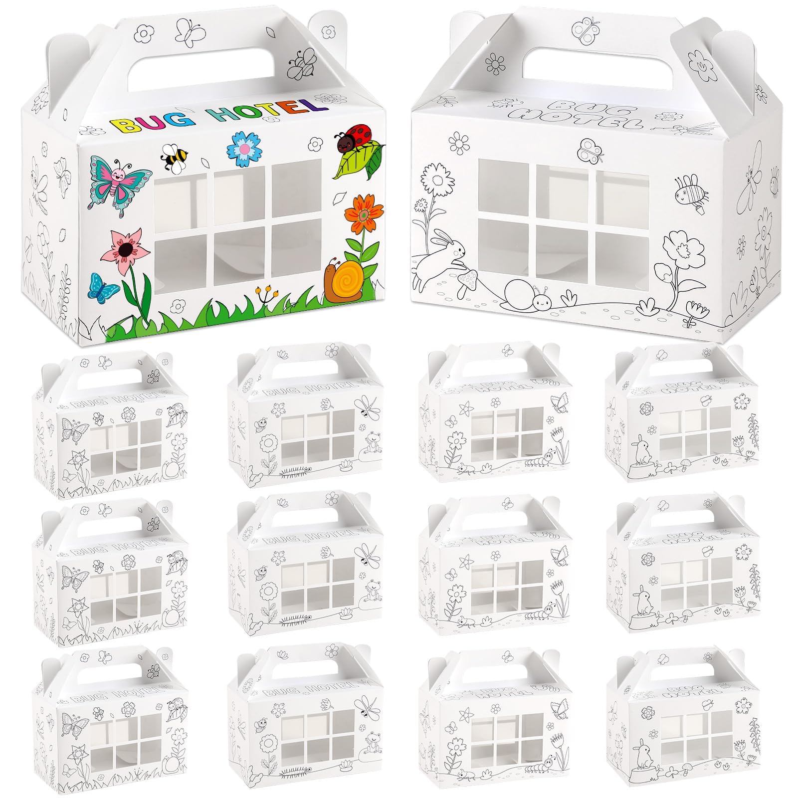 Photo 1 of 12 Pack Bug Hotel Box Party Favors Cardboard Color Your Own Bugs Catchers Decorations Critters Collection Party Supplies Insect Gable Box Container with Window for Home Spring Garden Birthday Crafts