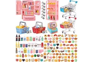 DULEFUN 143pcs Mini Shopping Cart Basket Miniature Food Drink Bottle Toys, Supermarket Shelve Metal Handcart Cash Register for Dollhouse Store AccessoryPretend Play Cosplay Game Kids Party Favor