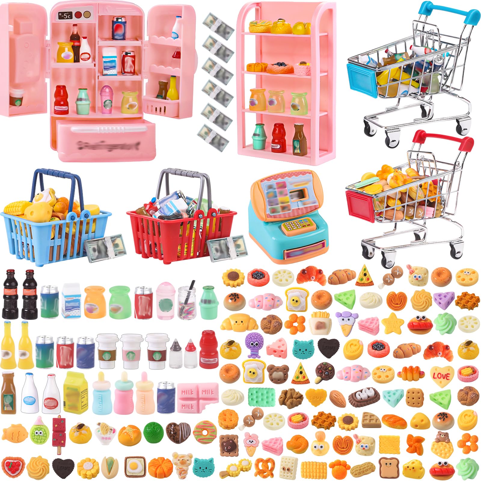 DULEFUN 143pcs Mini Shopping Cart Basket Miniature Food Drink Bottle Toys, Supermarket Shelve Metal Handcart Cash Register for Dollhouse Store AccessoryPretend Play Cosplay Game Kids Party Favor