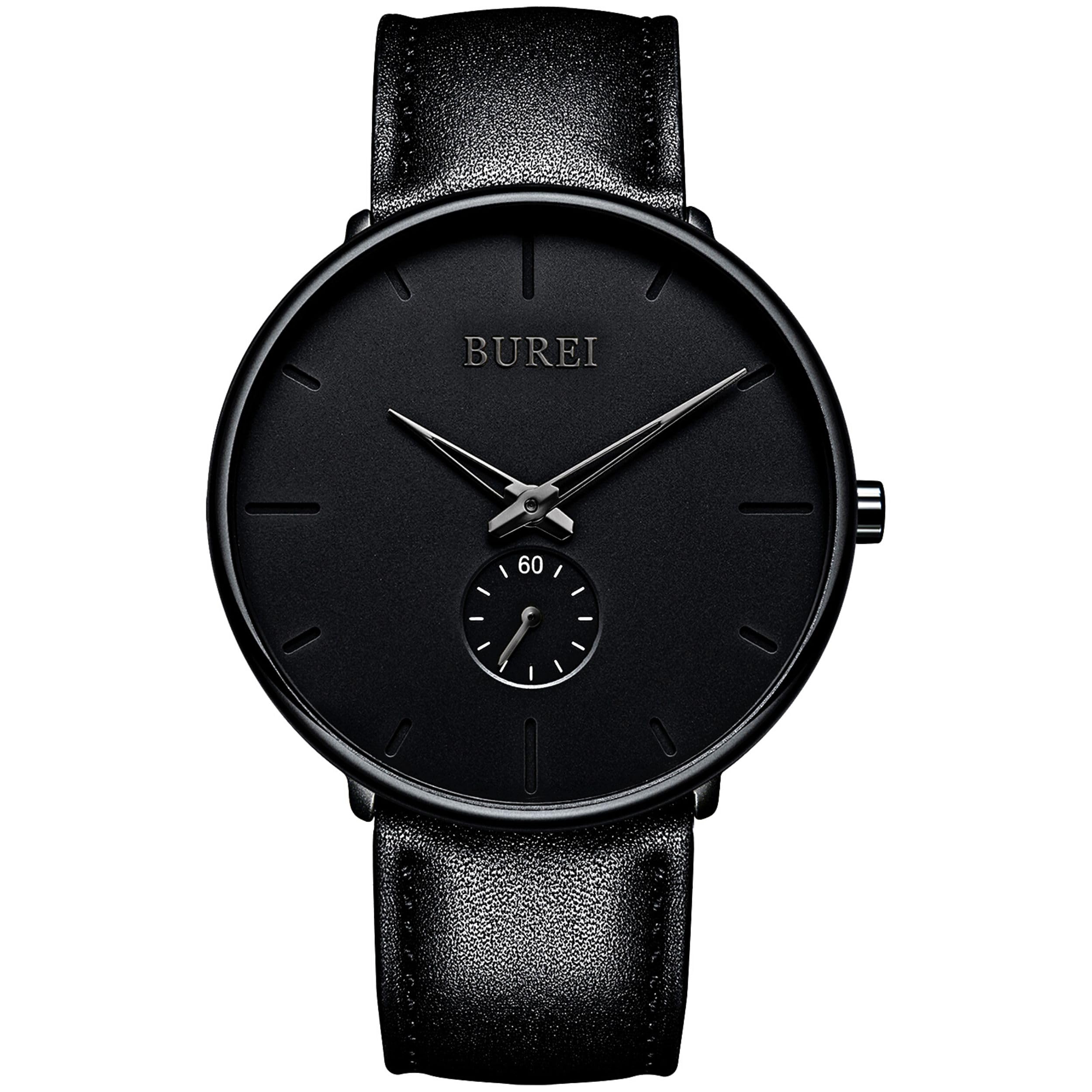 BUREI Men's Quartz Watch Black Minimalist Analog Ultra Thin Waist Watch Simple Style Stainless Steel Mesh Band